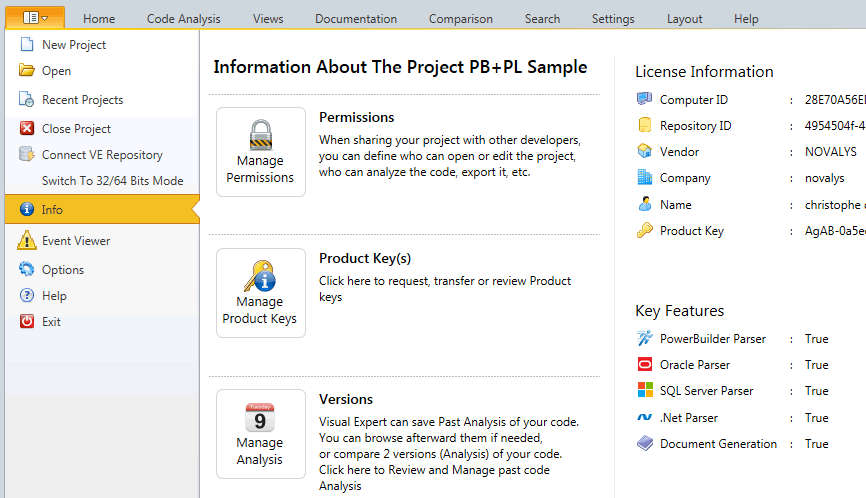 Manage Visual Expert project and licenses from the new file menu