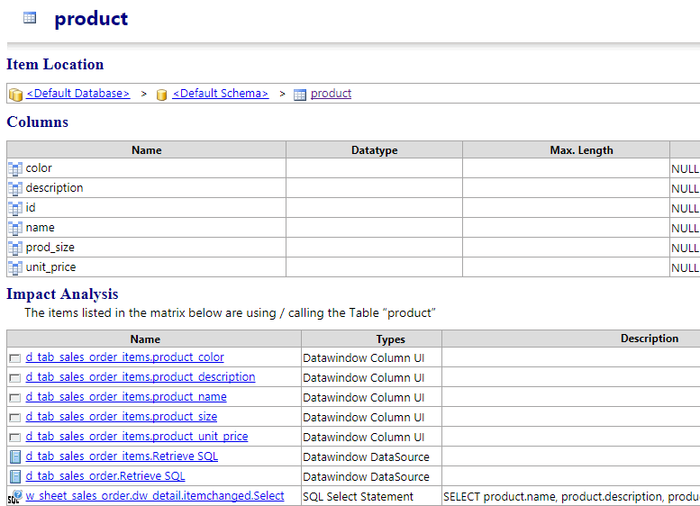 Description et références à une Table dans la documentation du code source PowerBuilder