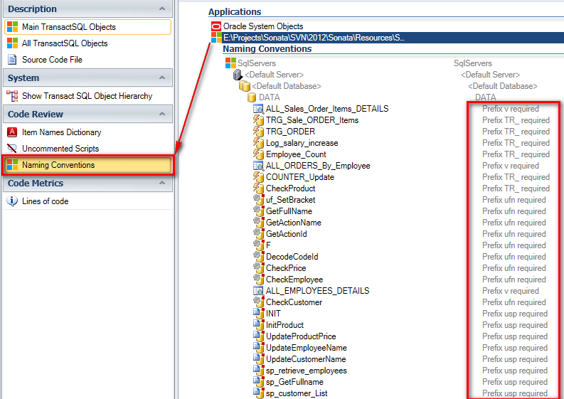 Seleccione el código T-SQL para comprobar las convenciones de nomenclatura