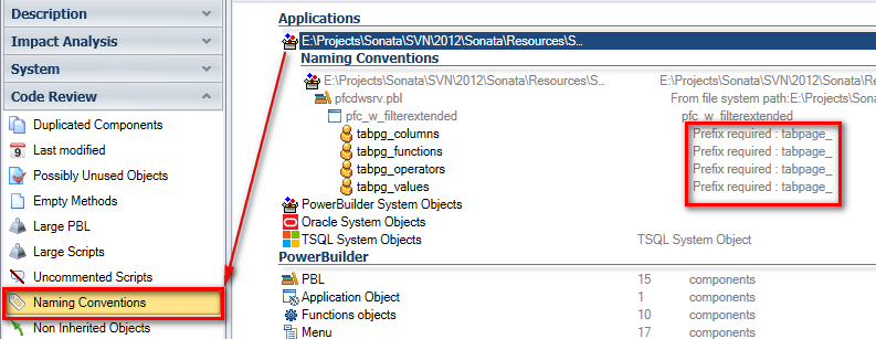 Sélectionnez le code Powerbuilder pour vérifier les conventions de nommage