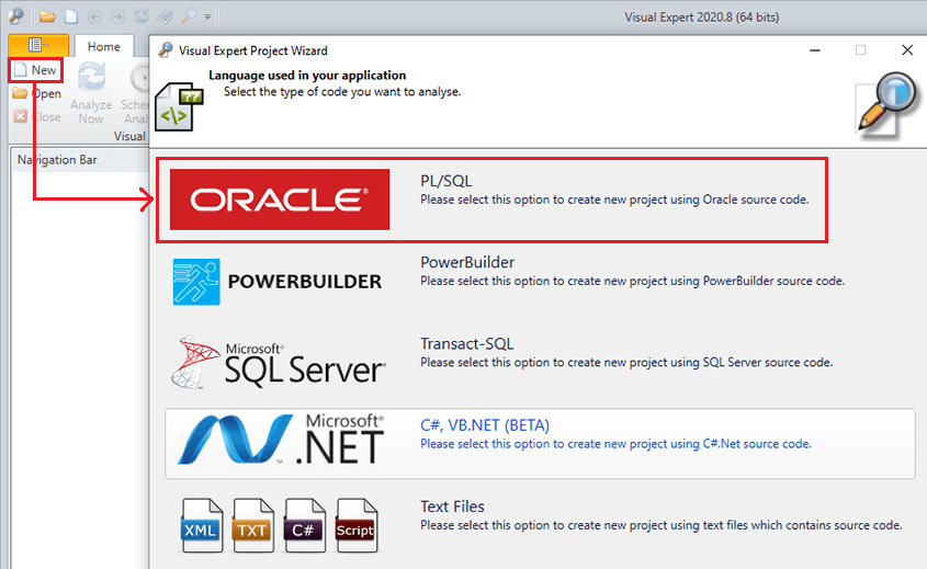 Select Oracle code to analyze with Visual Expert