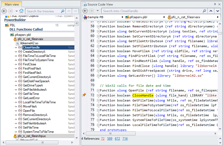 Reference to a highlighted DLL in the PowerBuilder source code