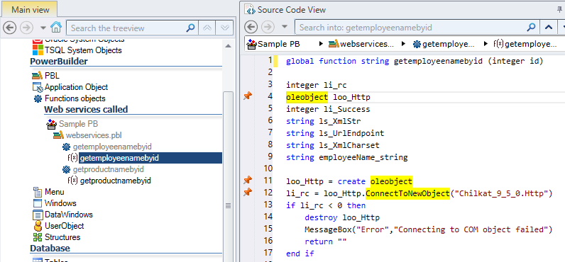 Display the reference to a web service in your PowerBuilder source code