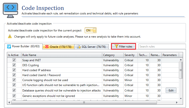 Filter Code Inspection Rules