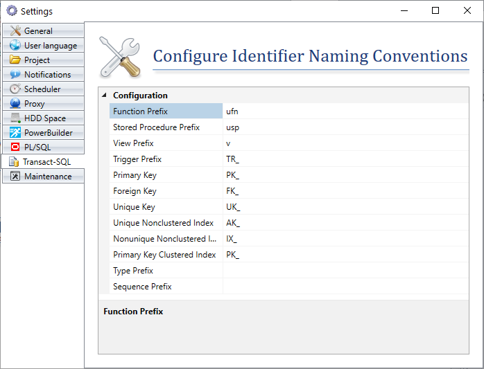 Fenêtre de configuration du projet pour les conventions de nommage dans le code du serveur SQL