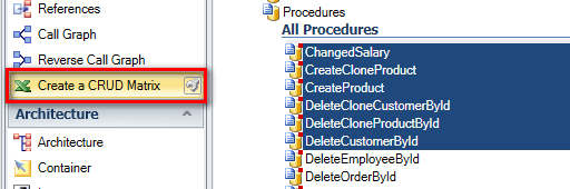 Seleccione las funciones o procedimientos para la Matriz CRUD