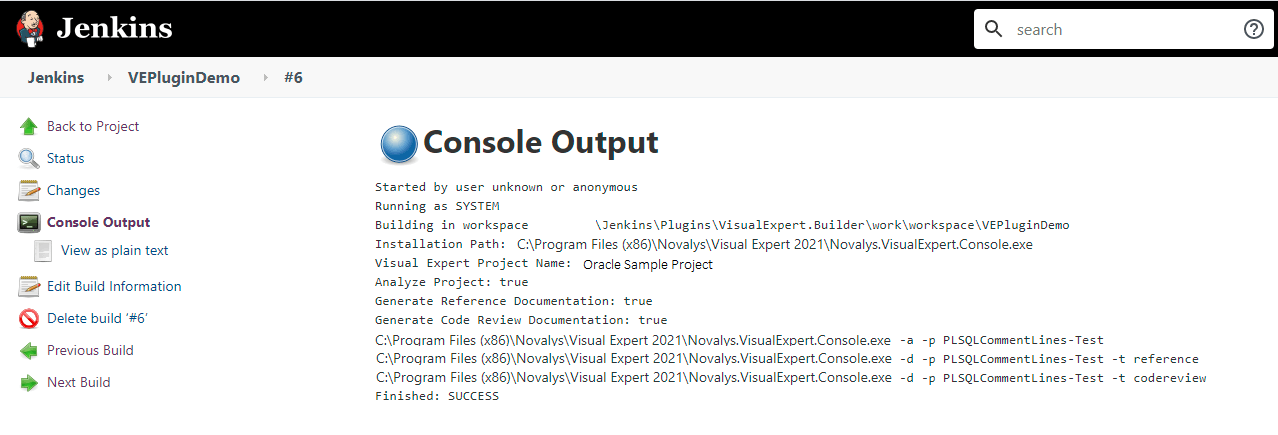 VE Jenkins Plugin - Console Output