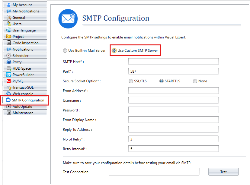 VE Desktop – SMTP Configuration with a custom SMTP server