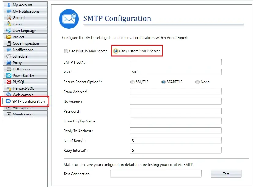 VE Desktop – Configuration SMTP avec un serveur SMTP personnalisé