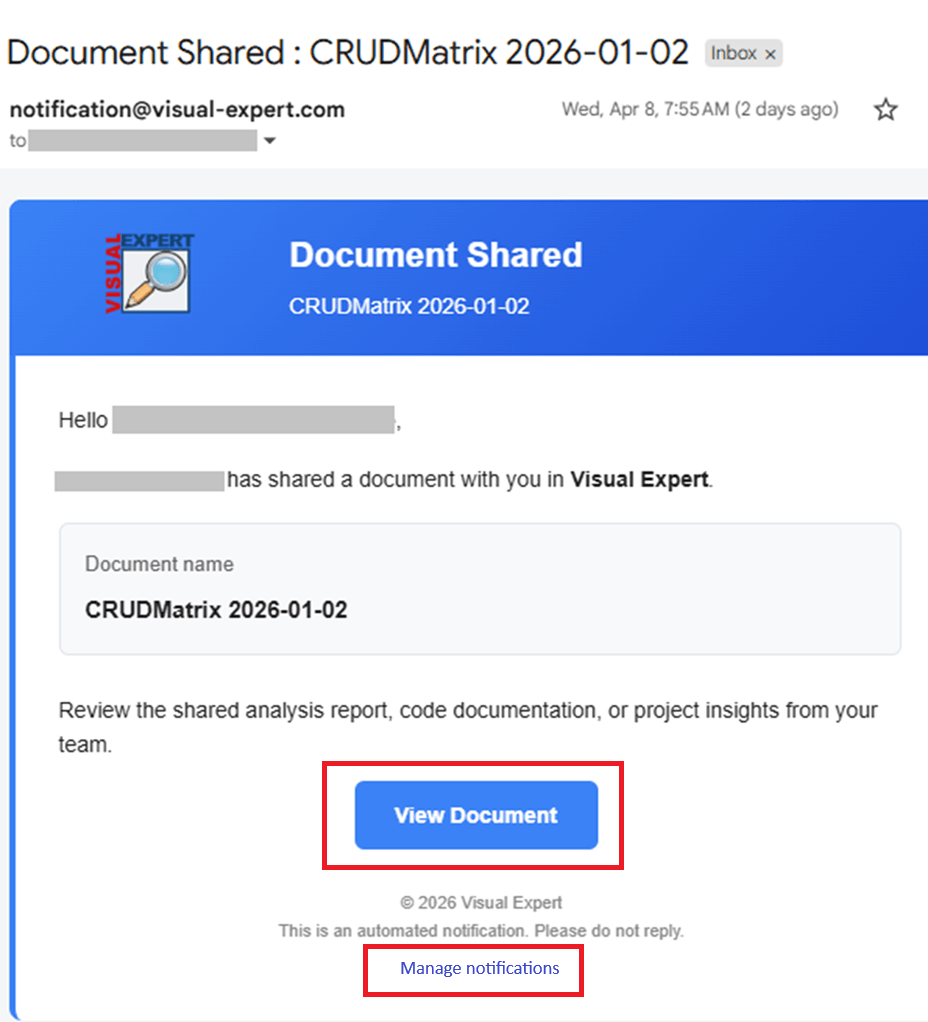 Email notification – Shared document example