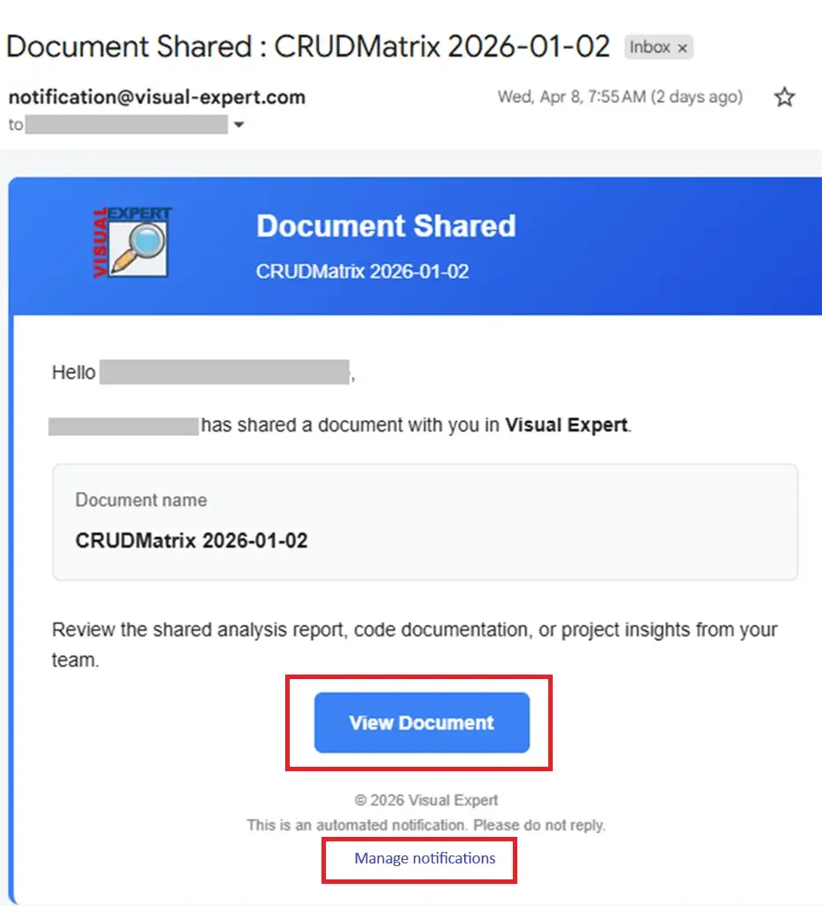 Notification e-mail – Exemple de document partagé