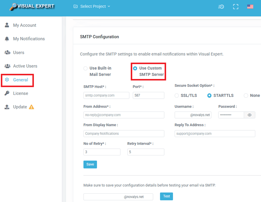 VE Web – SMTP Configuration with a custom SMTP server