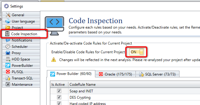 Activate Code Inspection feature