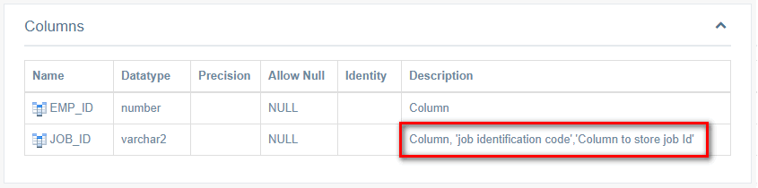 Revise los comentarios de la columna en la documentación de Oracle PLSQL