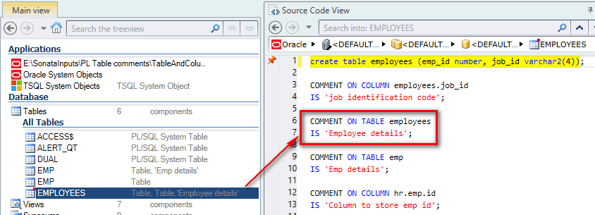 Check comments for table in source code view