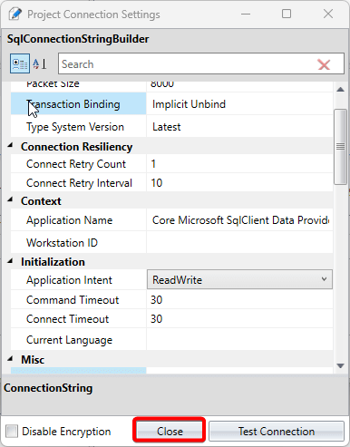 Close Project Connection Settings