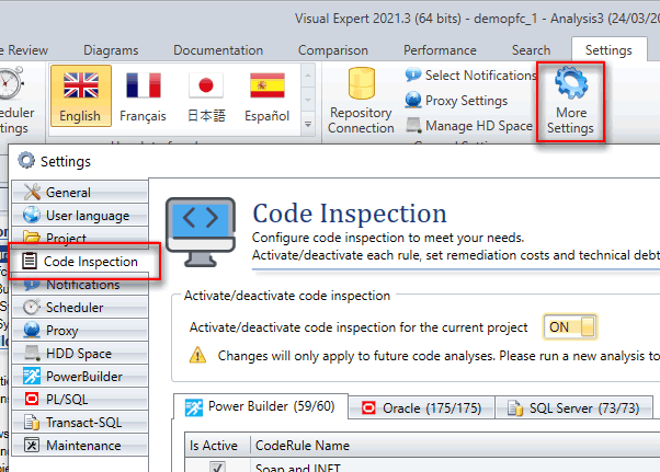 Configuración de la inspección del código