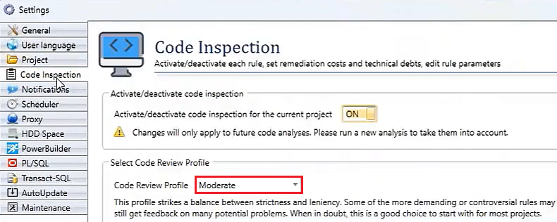 Set Moderate Level for Code Profile