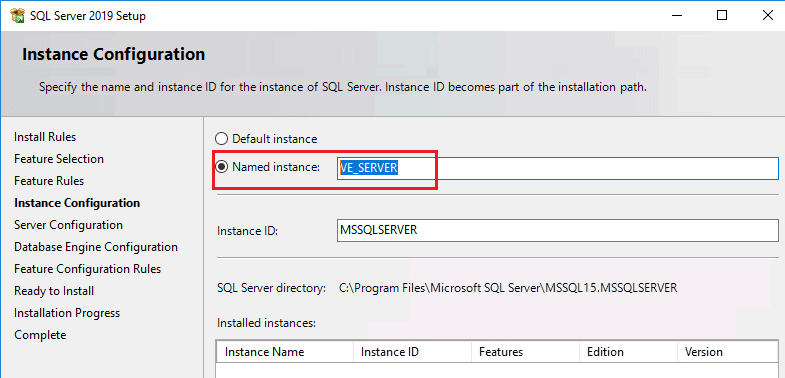 Nombre Configuración de la instancia