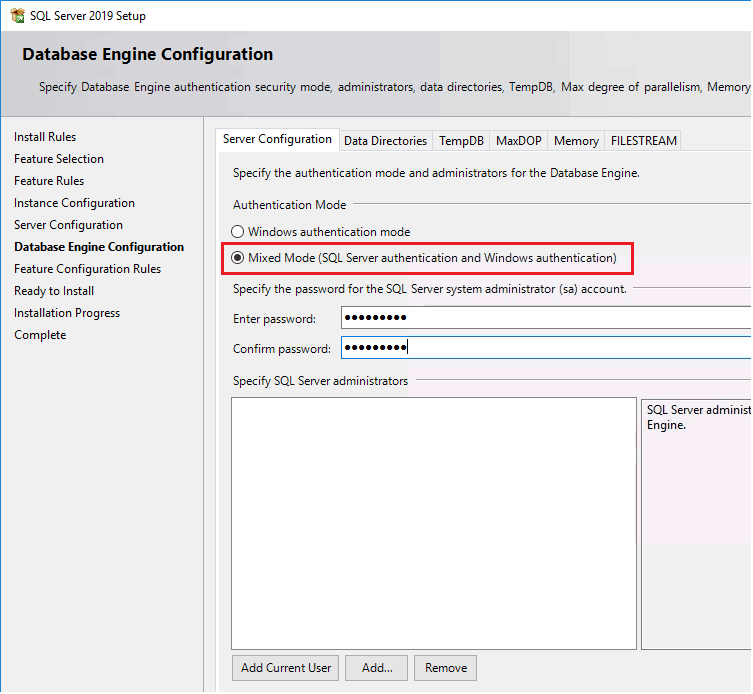 Configuración del motor de la base de datos