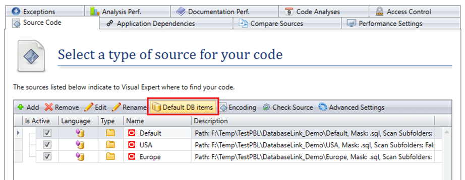 Set default database items for source