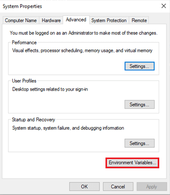 Configure Environment Variables in Advanced tab