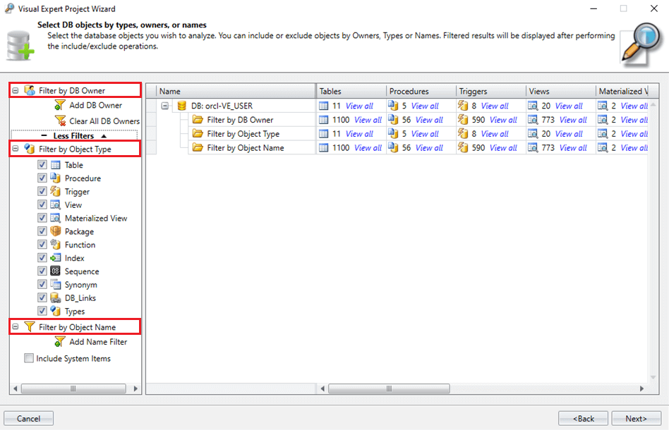 Filter Database Objects by Owner, Type or Name