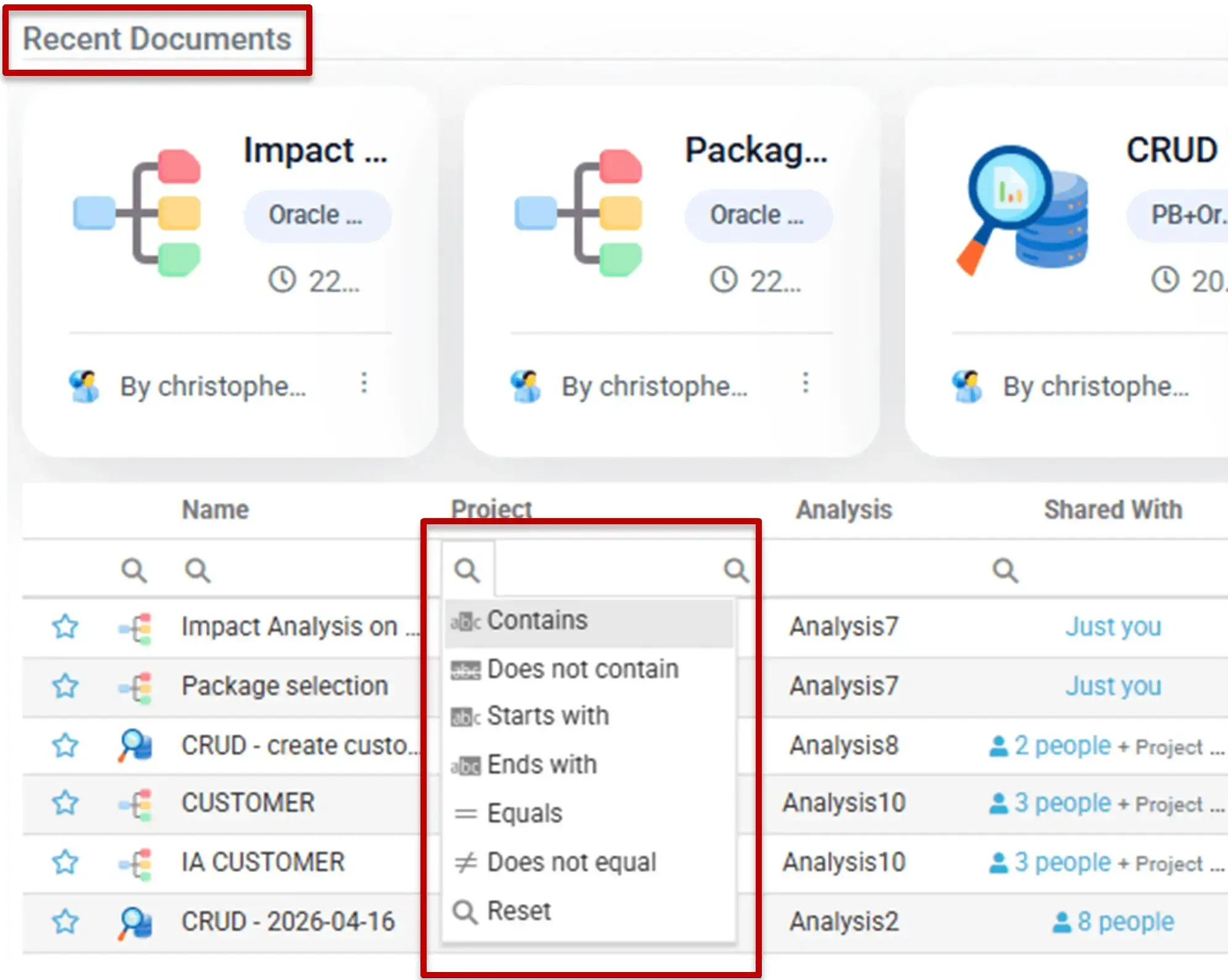 Filtrer les documents partagés