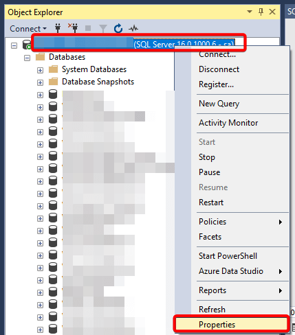 Go to SQL Server Properties
