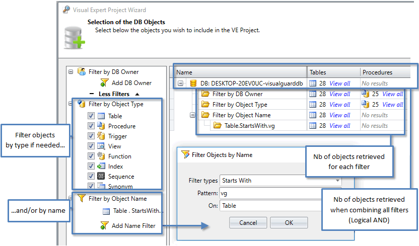 Filter the DB objects you wish to analyze with Visual Expert