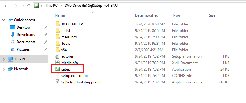 SQL Server 2019 セットアップファイルを探します。