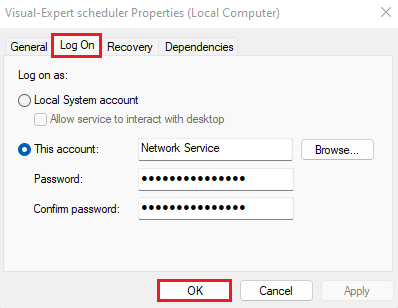 Configure Visual Expert Scheduler with Windows Account