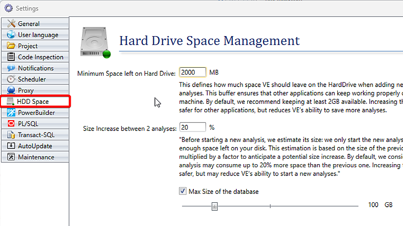 Select HDD Space in Settings Window