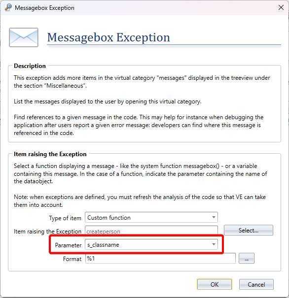 Select MessageBox Exception Parameter