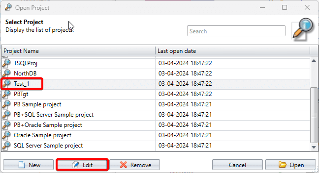 Select Project to Edit Connection Settings