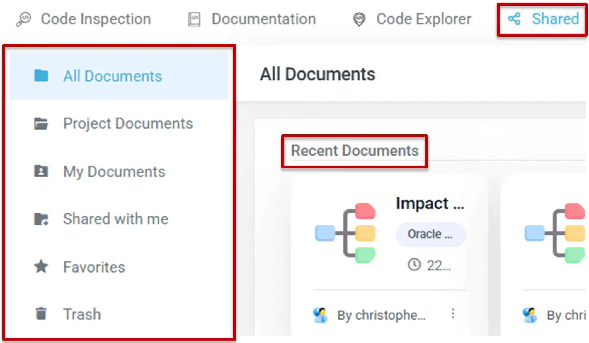 Catégories et documents récents dans le module Docs partagés