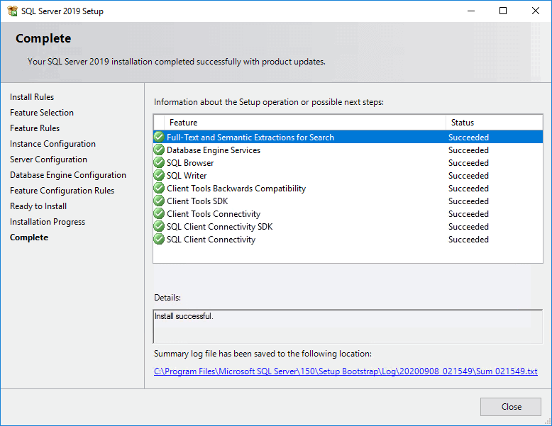 Installation of SQL Server 2019 Completed