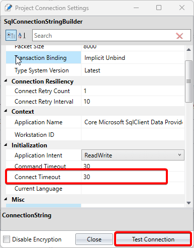 Change Test Connection Timeout