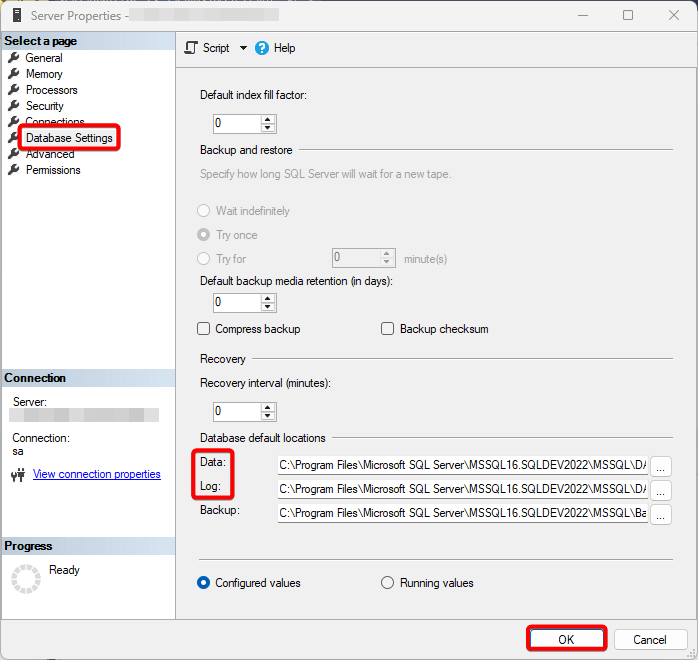 Update default locations for MDF LDF files