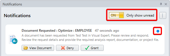 VE Web – In-app notification panel with unread toggle and marker