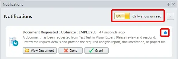VE Web – In-app notification panel with unread toggle and marker
