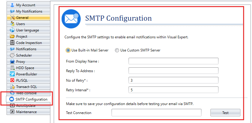 VE Desktop – SMTP Configuration with built-in mail server option