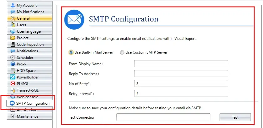 VE Desktop – Configuration SMTP avec option de serveur de messagerie intégré