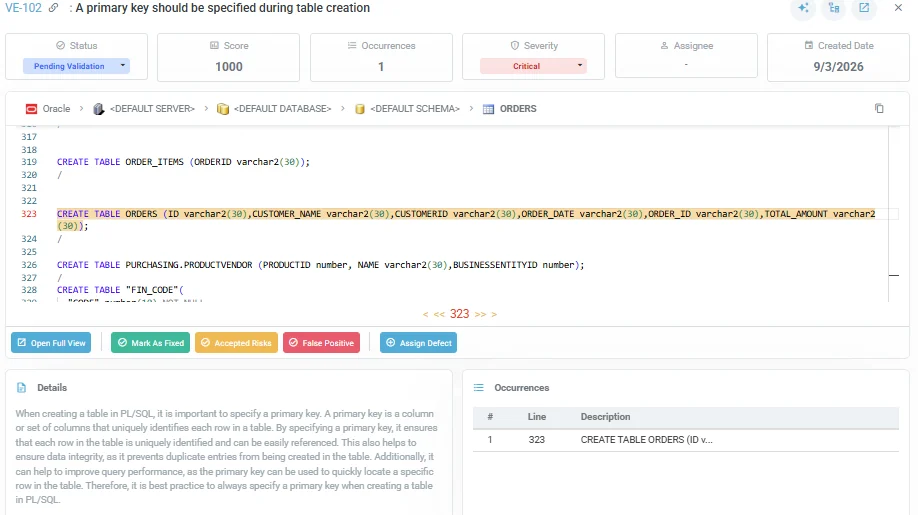 Defect details with the highlighted code occurrence