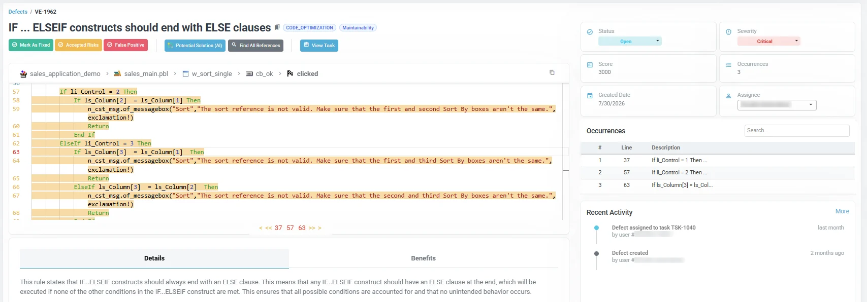 Defect details in Visual Expert Web: Mark As Fixed, Accepted Risks, False Positive, Potential Solution (AI) and Find All References actions, highlighted source code, occurrences, rule details and recent activity