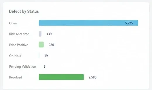Defects by status in Visual Expert Web: Open, Risk Accepted, False Positive, On Hold, Pending Validation, Resolved