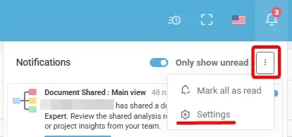 VE Web and VE Desktop – In-app notification panel options menu