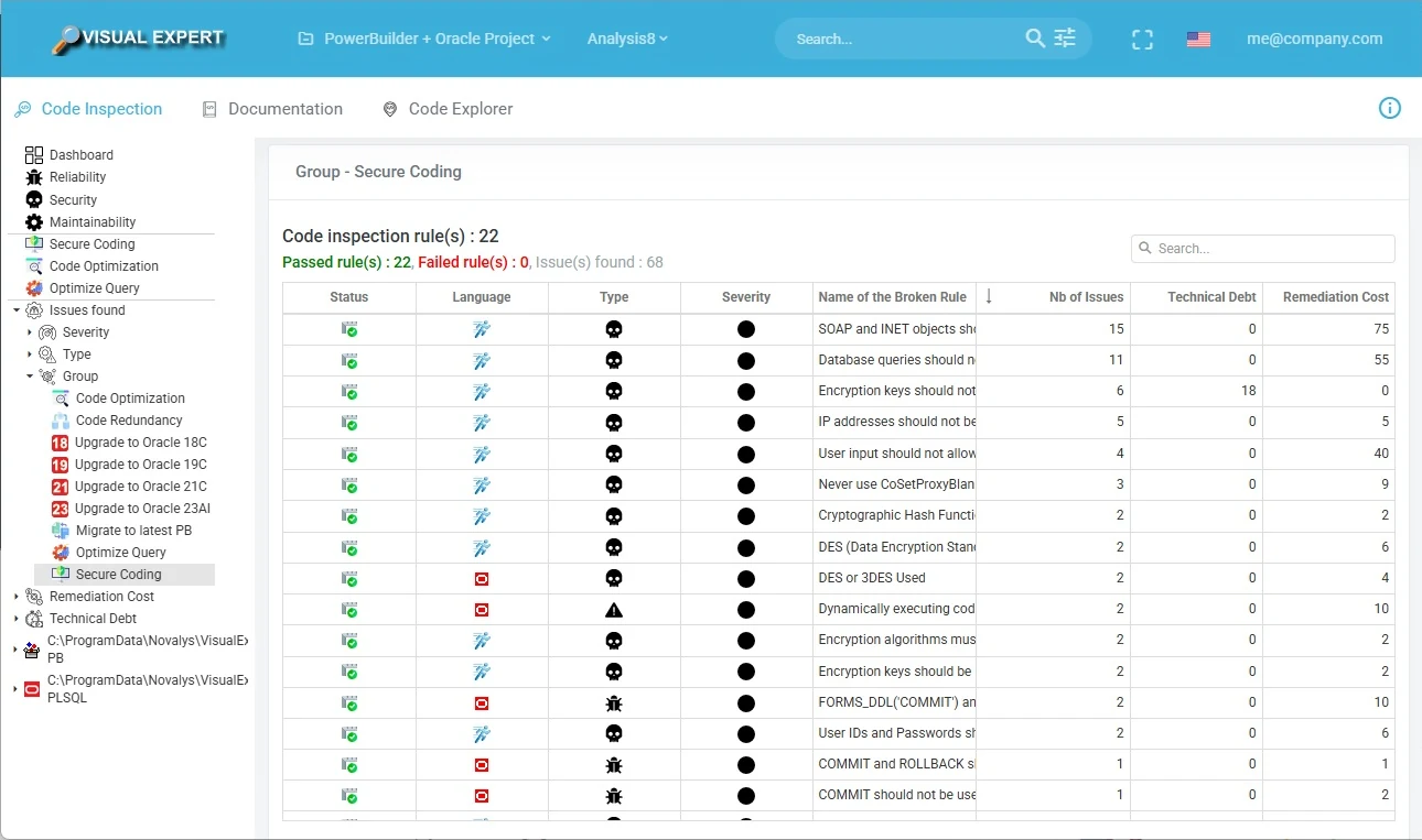 Règles Secure Coding vérifiées sur un projet PowerBuilder + Oracle dans Visual Expert Web