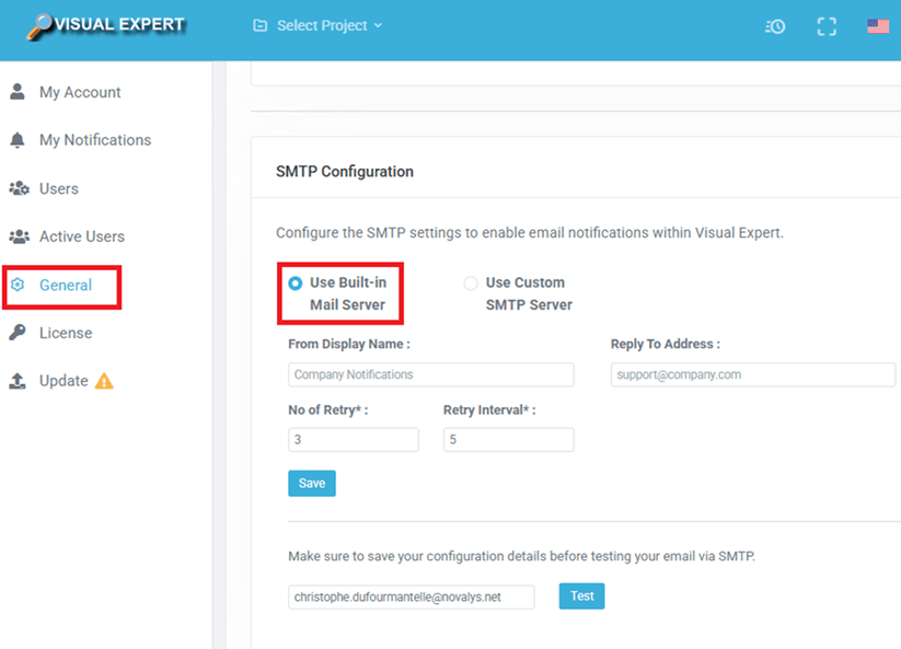VE Web – SMTP Configuration with built-in mail server option