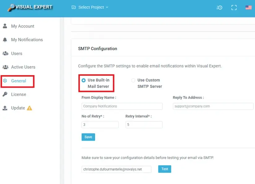 VE Web – Configuration SMTP avec option de serveur de messagerie intégré